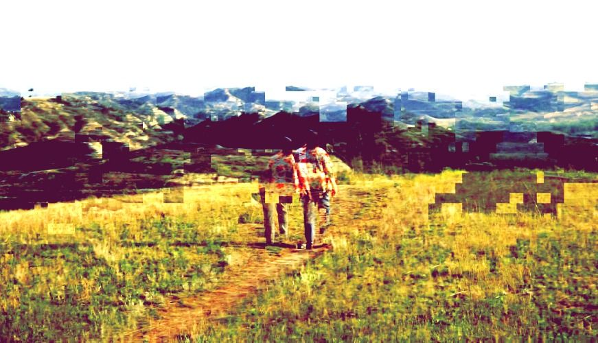 distorted image of a grownass man in hawaiian shirt and aviator hat walking towards a cliff in the badlands